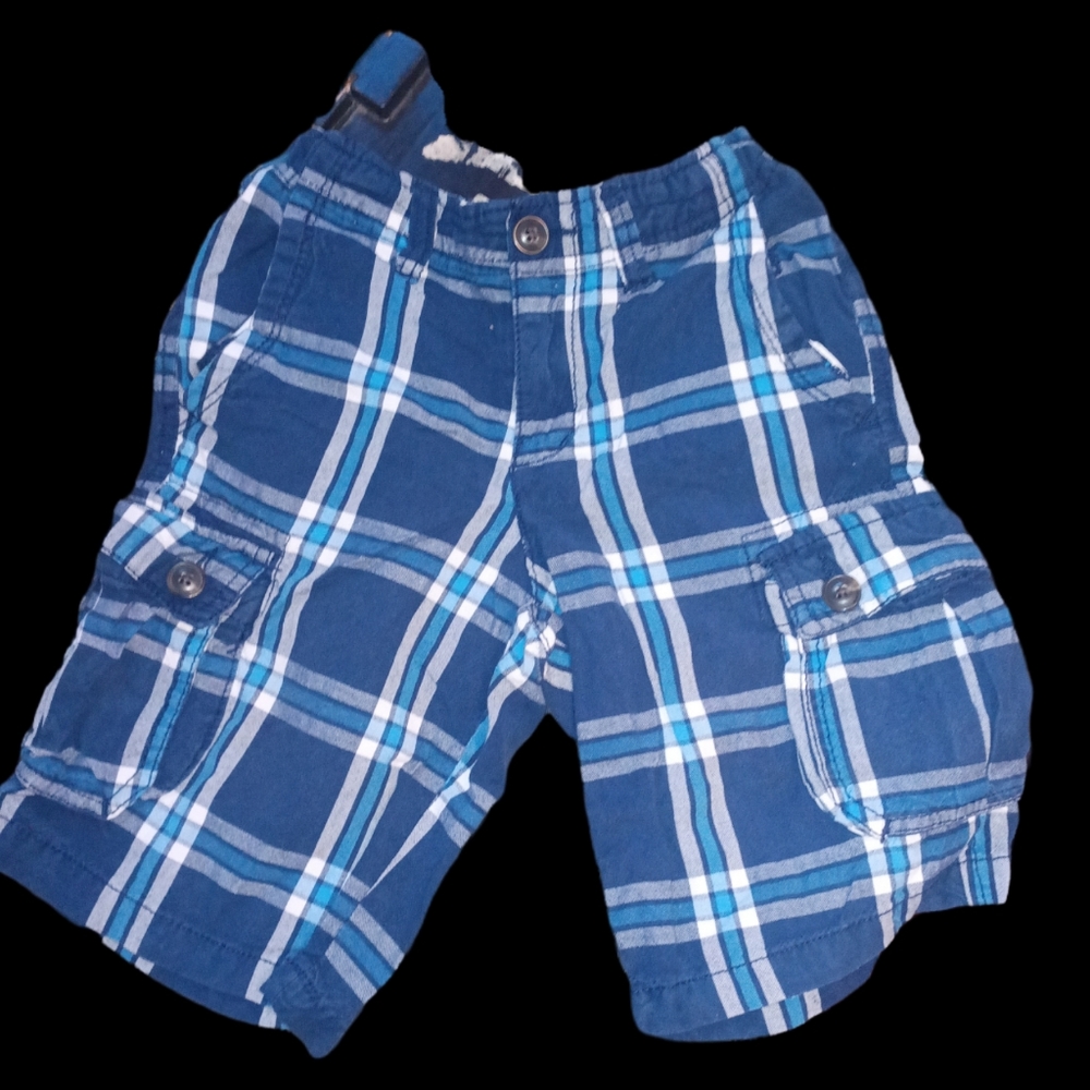 Little boy Arizona and jean companies dark blue white and gray plaid shorts